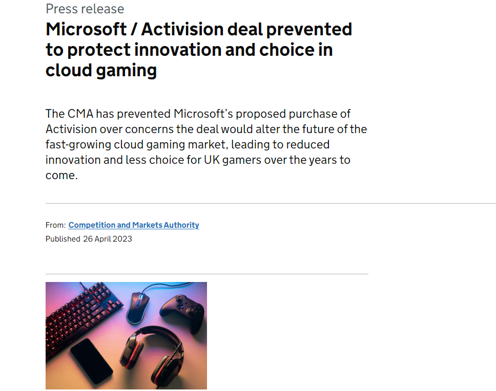 The UK's markets regulator has blocked the Microsoft-Activision Blizzard  deal 
